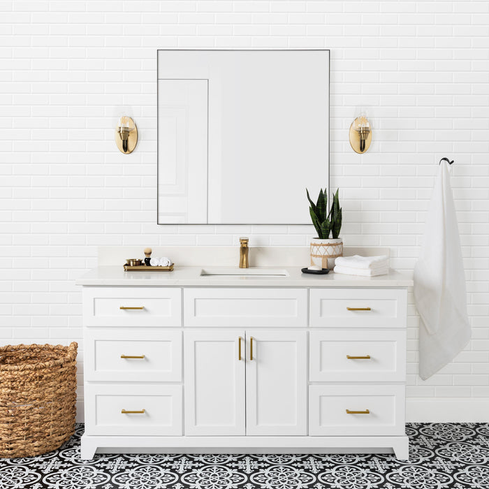 StoneWood / White - 60" Bathroom Vanity, Carrera Quartz Countertop With Single Sink