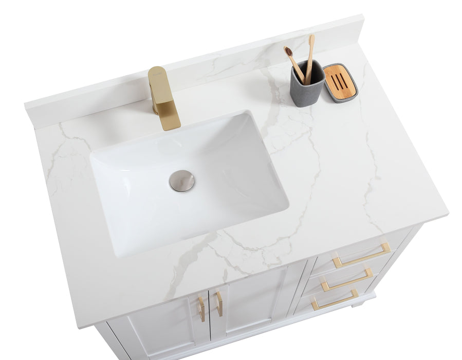 CCS501 - 36" White, Floor Standing Modern Bathroom Vanity, Calcatta Quartz Countertop, Brushed Gold Hardware - Construction Commodities Supply Inc.