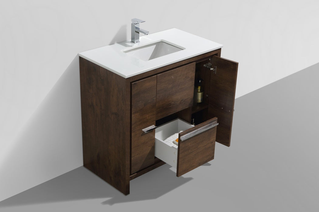 DOLCE- 36" Rose Wood, Quartz Countertop, Floor Standing Modern Bathroom Vanity - Construction Commodities Supply Inc.
