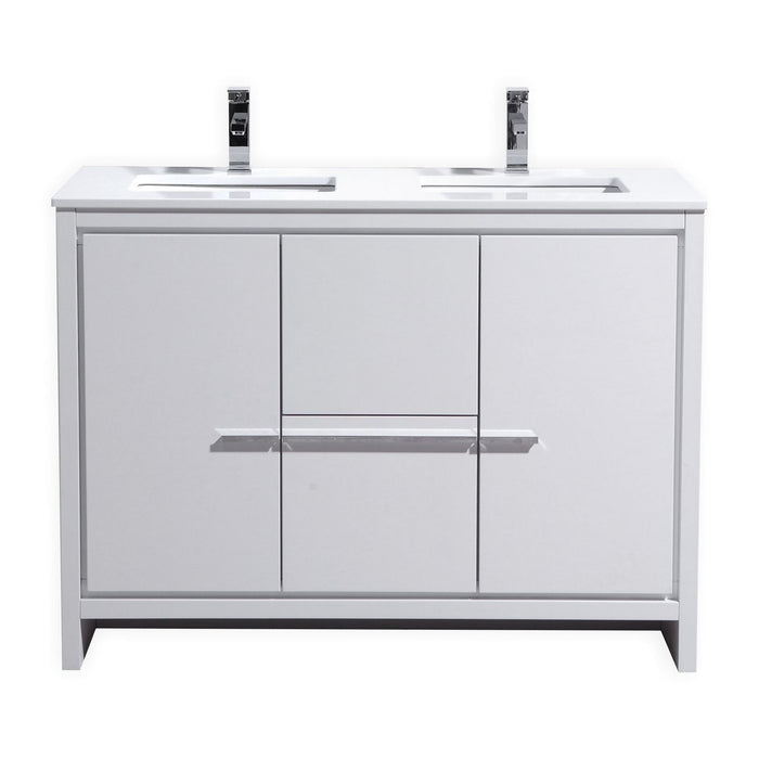 AD48" Double Sink, High Gloss White,Quartz Countertop,  Floor Standing Modern Bathroom Vanity