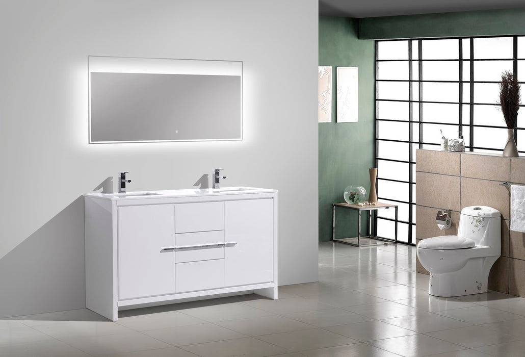 DOLCE- 60" Double Sink, Gloss White, Quartz Countertop, Floor Standing Modern Bathroom Vanity - Construction Commodities Supply Inc.
