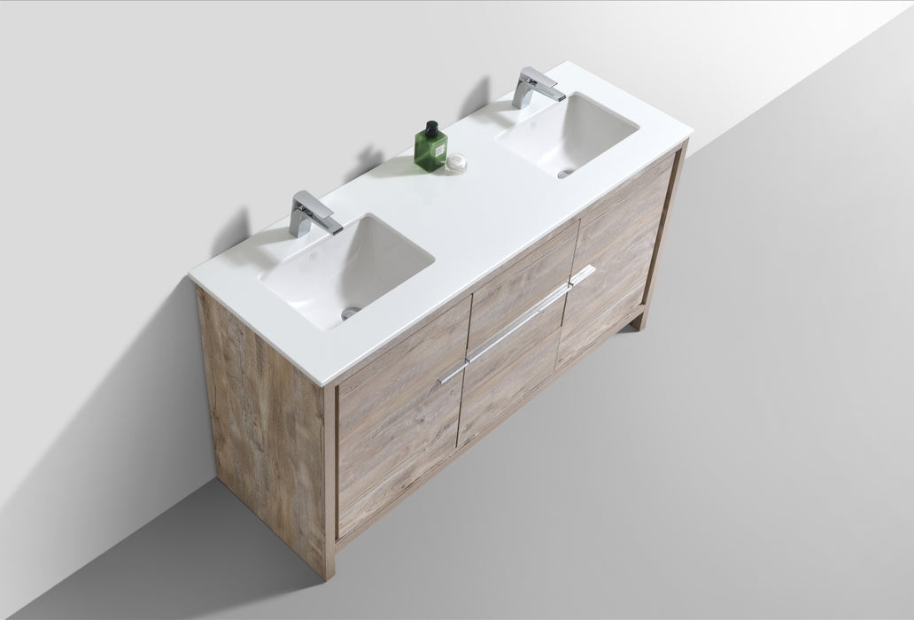 DOLCE- 60" Double Sink, Nature Wood,  Quartz Countertop, Floor Standing Modern Bathroom Vanity - Construction Commodities Supply Inc.