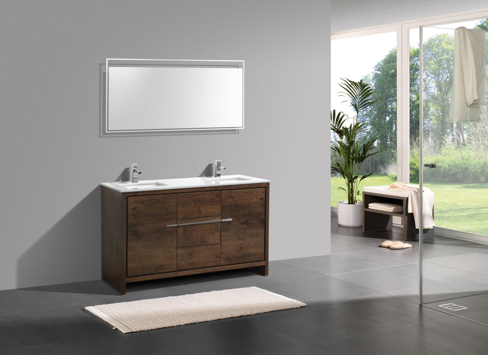 DOLCE- 60" Double Sink, Rose Wood, Quartz Countertop, Floor Standing Modern Bathroom Vanity - Construction Commodities Supply Inc.