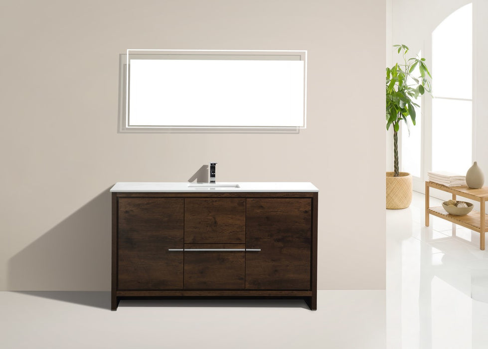 DOLCE- 60" Single Sink,Rose Wood, Quartz Countertop, Floor Standing Modern Bathroom Vanity - Construction Commodities Supply Inc.