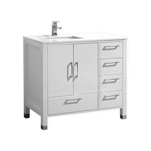 ASL-36R, High Gloss White, Pure White Quartz Countertop, Floor Standing Modern Bathroom Vanity - Construction Commodities Supply Inc.