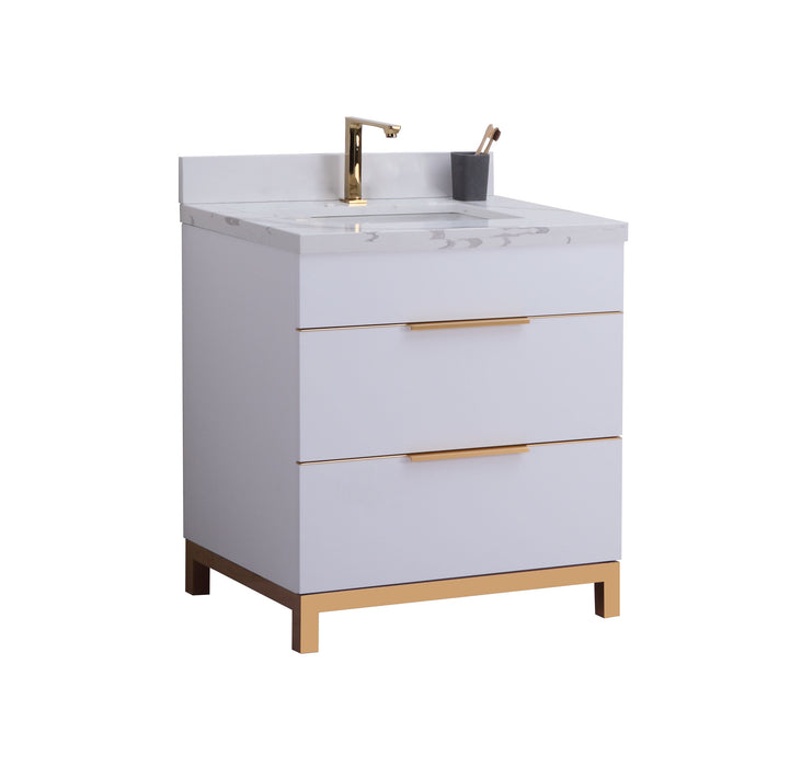 CCS401 - 30" WHITE, Floor Standing Modern Bathroom Vanity, Calcatta Quartz Countertop, Brushed Bronze Hardware