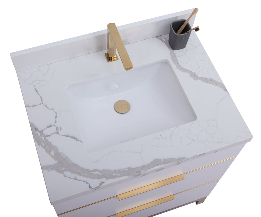 CCS401 - 30" WHITE, Floor Standing Modern Bathroom Vanity, Calcatta Quartz Countertop, Brushed Bronze Hardware
