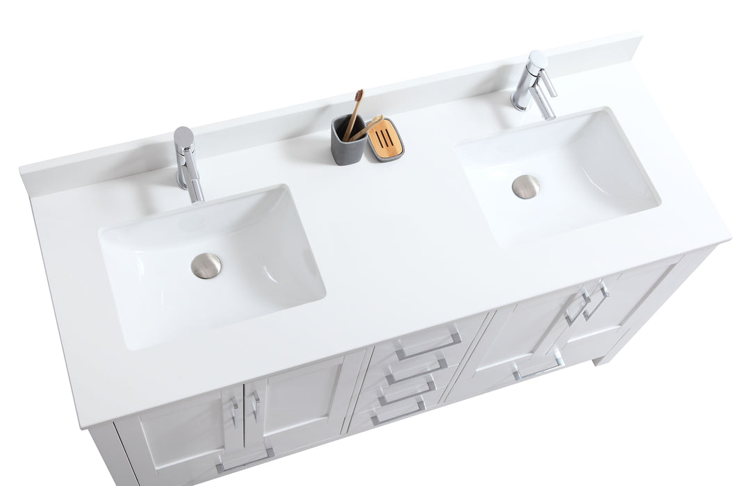 CCS201 - 60" White, Double Sink, Floor Standing Modern Bathroom Vanity ,Pure White Quartz Countertop, Chrome Hardware. - Construction Commodities Supply Inc.