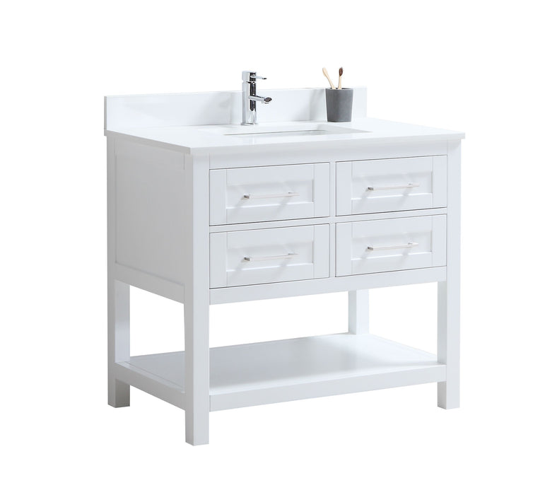 CCS301 - 36" White, Floor Standing Bathroom Vanity, White Quartz Countertop, Brushed Nickel Hardware - Construction Commodities Supply Inc.