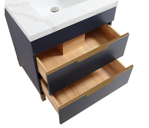 CCS401 - 30" Navy Blue, Floor Standing Modern Bathroom Vanity, Calcatta Quartz Countertop, Brushed Bronze Hardware - Construction Commodities Supply Inc.