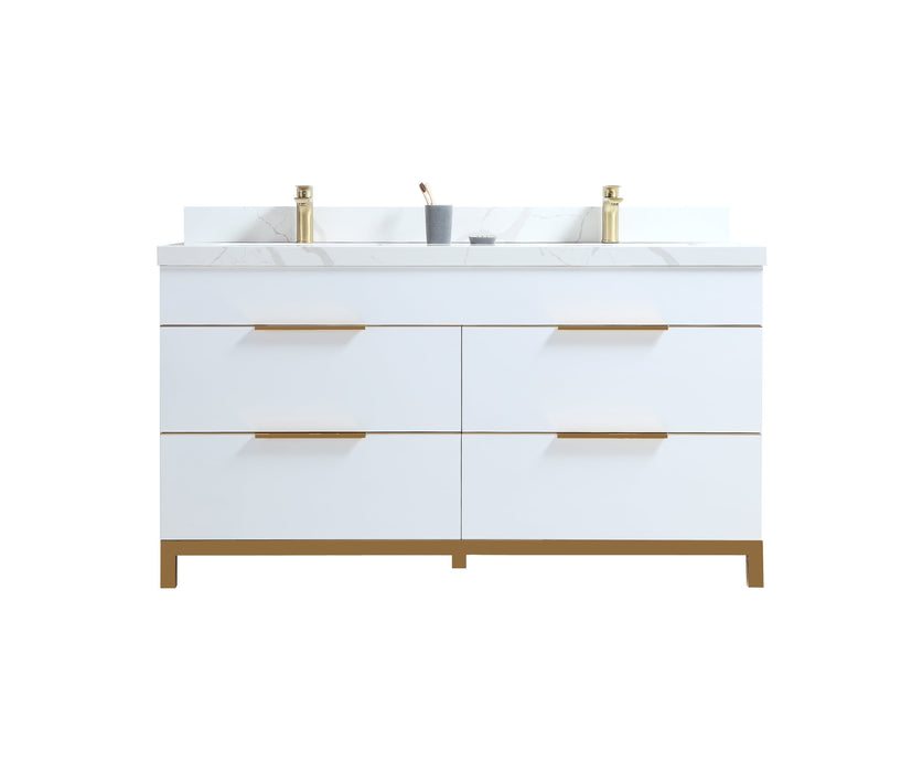 CCS401 - 60" White, Double Sink,Floor Standing Modern Bathroom Vanity, Calcatta Quartz Countertop, Brushed Bronze Hardware