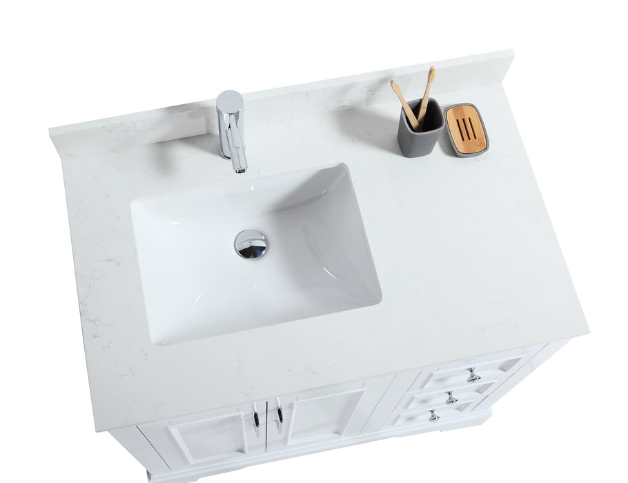 CCS601 - 36" White, Floor Standing Modern Bathroom Vanity, Calcatta Quartz Countertop, Chrome Hardware - Construction Commodities Supply Inc.