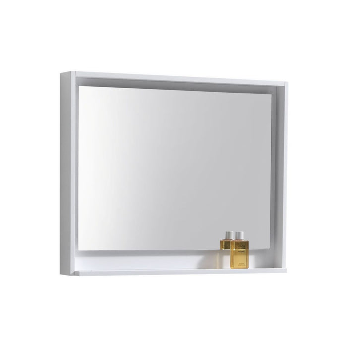 BLISS -36" GLOSS WHITE  Mirror with Wood Frame & Bottom Shelf
