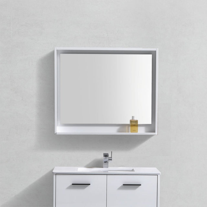 BLISS -36" GLOSS WHITE  Mirror with Wood Frame & Bottom Shelf