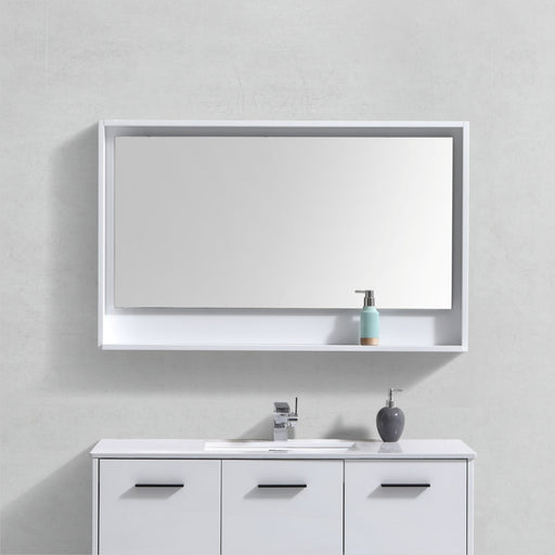 BLISS- 48" Gloss White, Mirror With Wood Frame and Bottom Shelf - Construction Commodities Supply Inc.