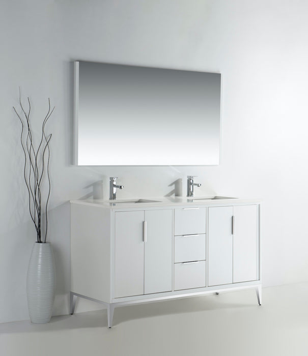 KD99GW ,60″ DOUBLE SINK, GLOSS WHITE VANITY WITH QUARTZ COUNTER TOP