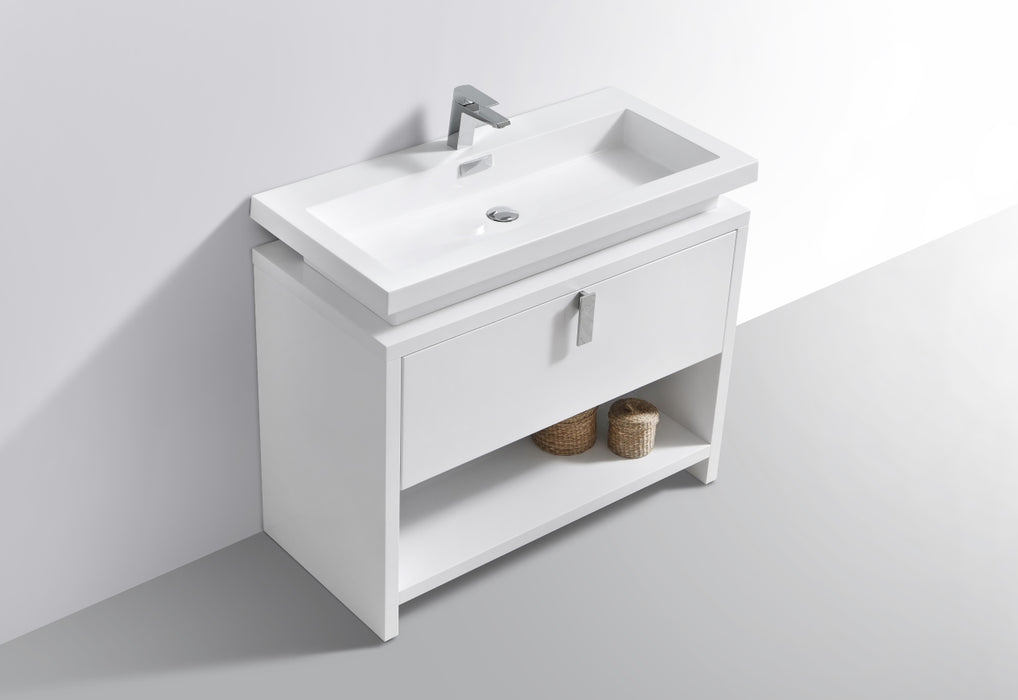 LEVI- 40" High Gloss White, Floor Standing Modern Bathroom Vanity With Cubby Hole - Construction Commodities Supply Inc.