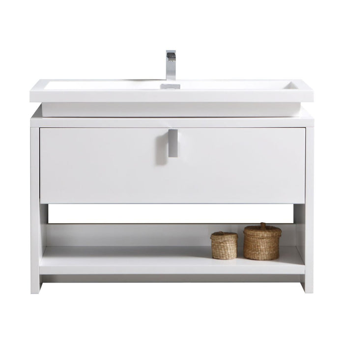 LEVI- 48" High Gloss White, Floor Standing Modern Bathroom Vanity With Cubby Hole - Construction Commodities Supply Inc.
