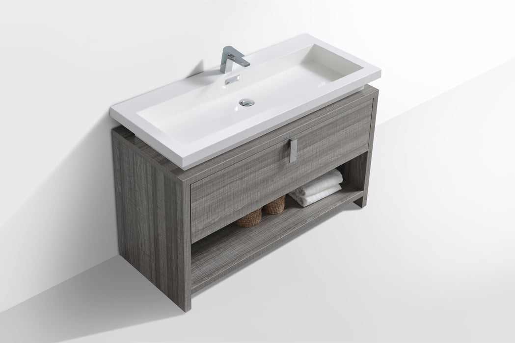 LEVI- 48" High Gloss Ash Grey, Floor Standing Modern Bathroom Vanity With Cubby Hole - Construction Commodities Supply Inc.