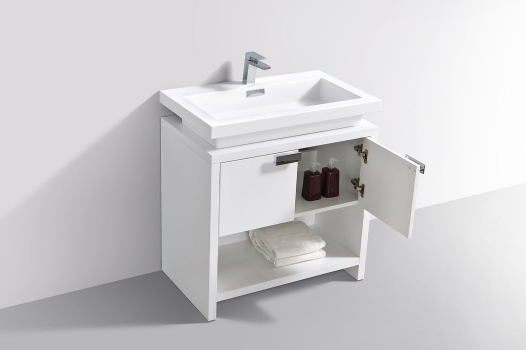 LEVI - 32" High Gloss White, Floor Standing Modern Bathroom Vanity With Cubby Hole - Construction Commodities Supply Inc.