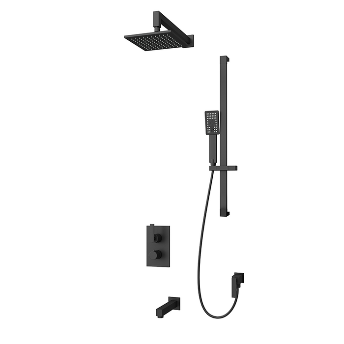 Rubi, Kali -  Black 1/2" Thermostatic Shower Kit with Square Shower Head, Sliding Bar, Hand Shower and Wall Mounted Bathtub Spout